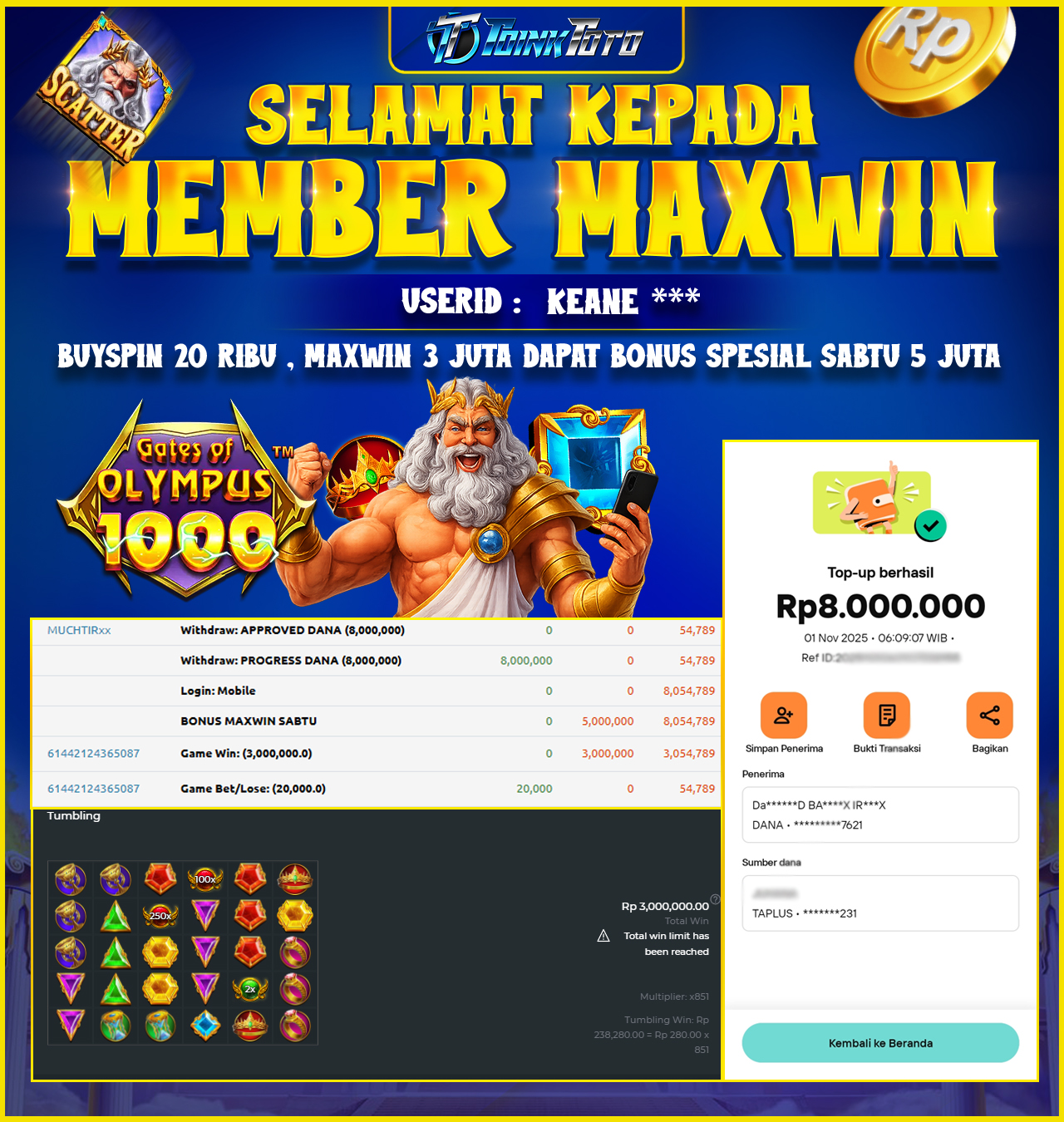 TOINKTOTO JACKPOT GAME SLOT GATES OF OLYMPUS 1000 Rp.8.000.000.,- LUNAS